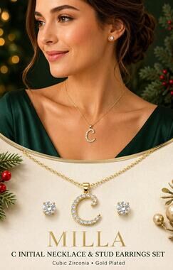 Milla Initial Necklace Pendant & Stud Earrings Set, White CZ, Gold Plated